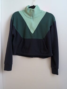 Outdoor Voices Cotton Terry 1/2 Zip Women Cropped Sweatshirt Blue Color block